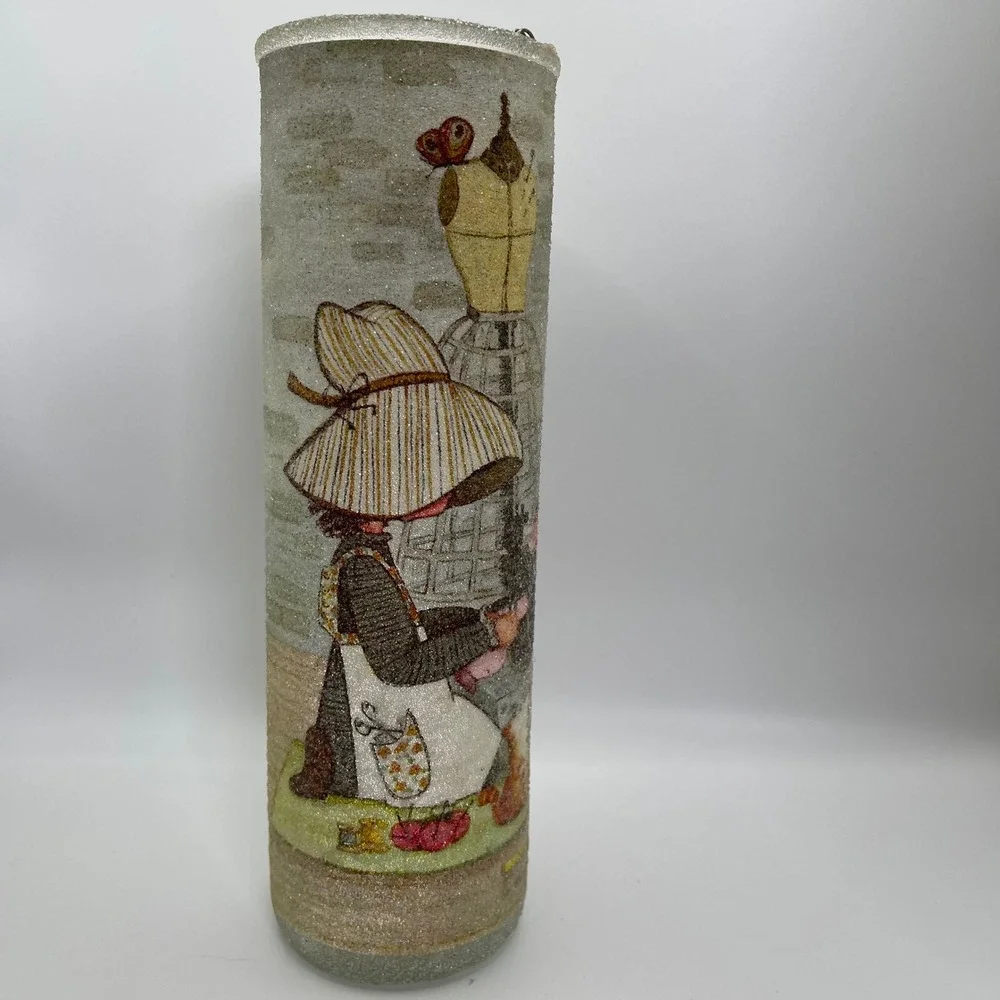 Vtg Majestic Cylinder Candle Cottagecore Sewing Girl Sugar Coated  Frosted 1970s
